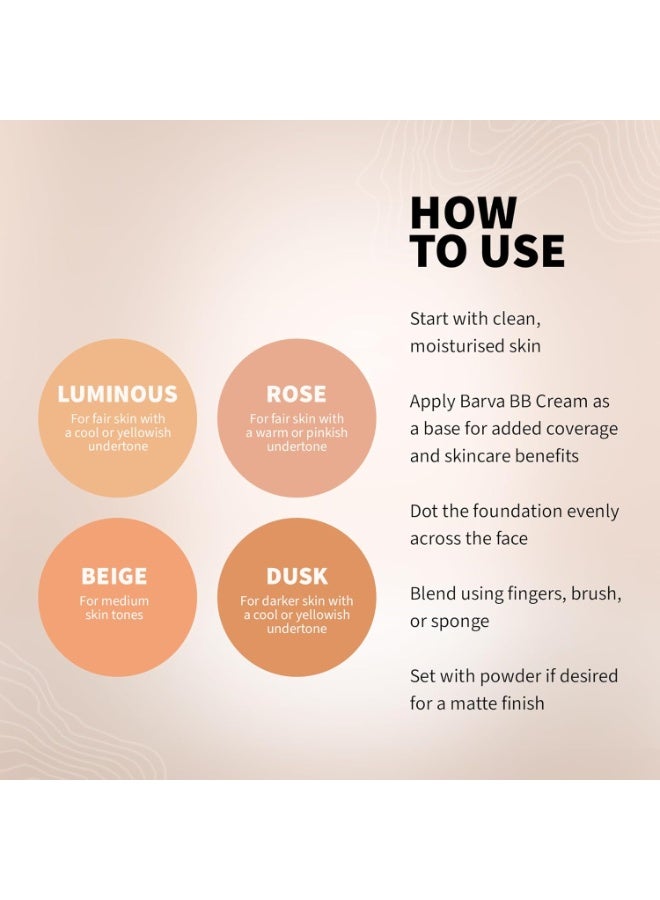 بارفا كريم Barva بتركيبة تغطية كاملة لجميع أنواع البشرة ومعامل حماية SPF 50، منتج 2 في 1 يجمع بين كريم الأساس (بلمسة نهائية شبه مطفية) وخافي العيوب (الكونسيلر)، مثالي للبشرة ذات الدرجات الهندية، 9 جم (درجة Dusk). - Image 2