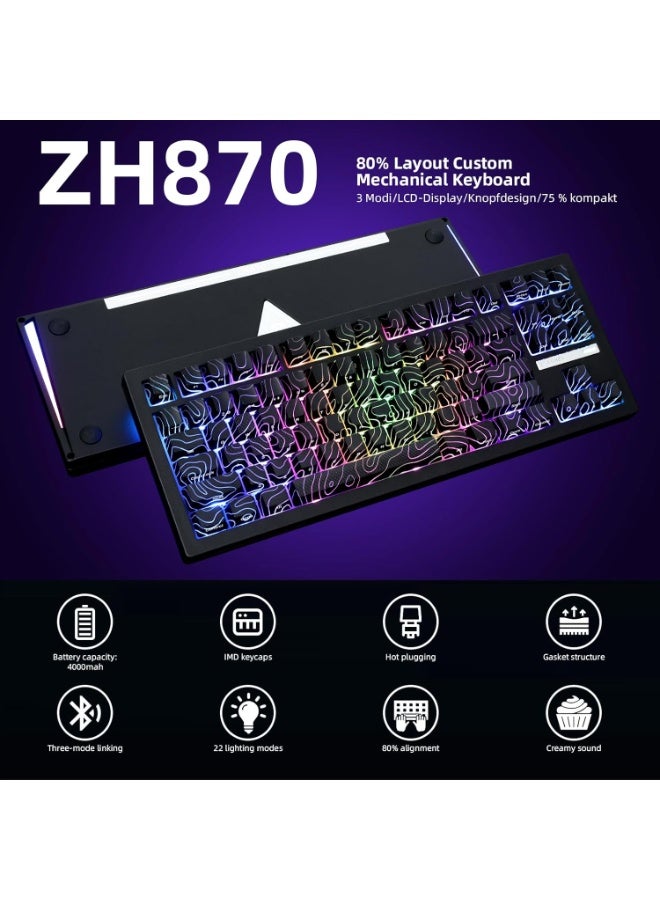 ZORNHER ZH870 Wireless Gaming Mechanical Keyboard,80% Black Custom Creamy Sound Keyboard with Lighted Up Black Topographic Keycaps,Creamy Sounding Linear Switches,Hot-Swappable,RGB Backlit - Image 2
