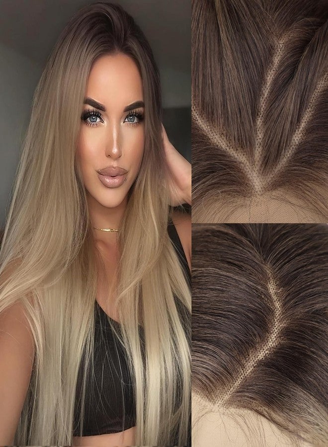 AISI HAIR 13x4 Ombre Blonde Straight Lace Front Wig for Women Synthetic Pre Plucked Blonde Glueless Wig With Baby Hair for Beginner Friendly 28inch - Image 1