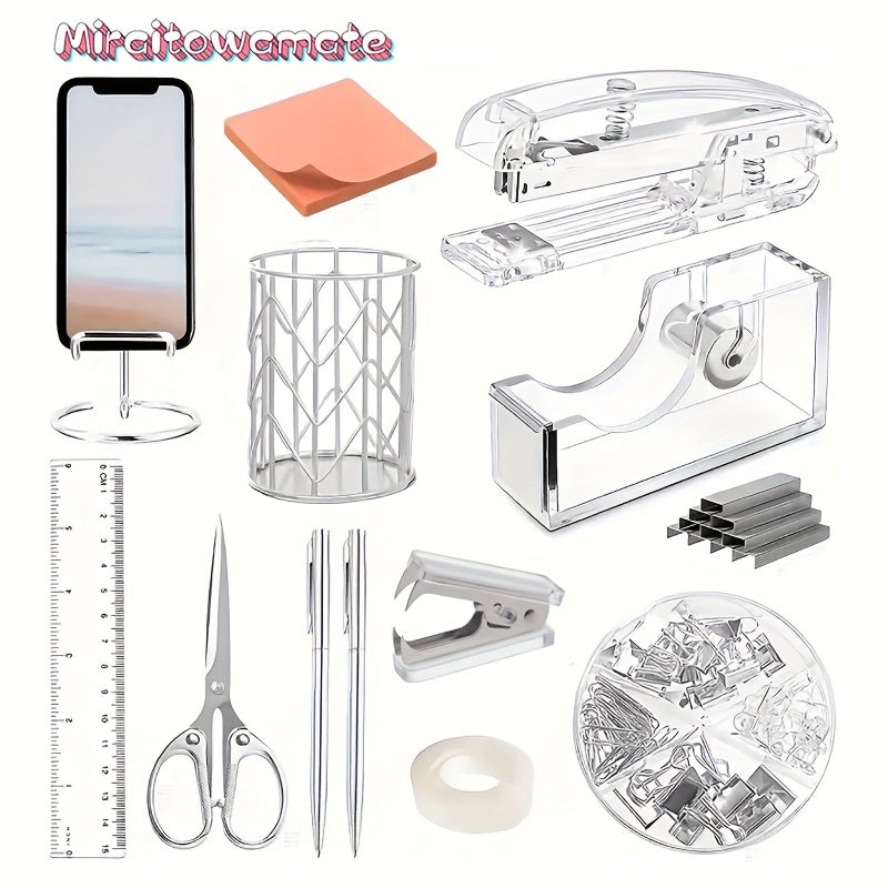 Rose Golden Acrylic Desk Set Including Stapler Scissors Tape Dispenser Pen Holder Pencil Ruler Glue Notes Sticky Pads Phone Stand Binder Clips Staples Remover - Image 5