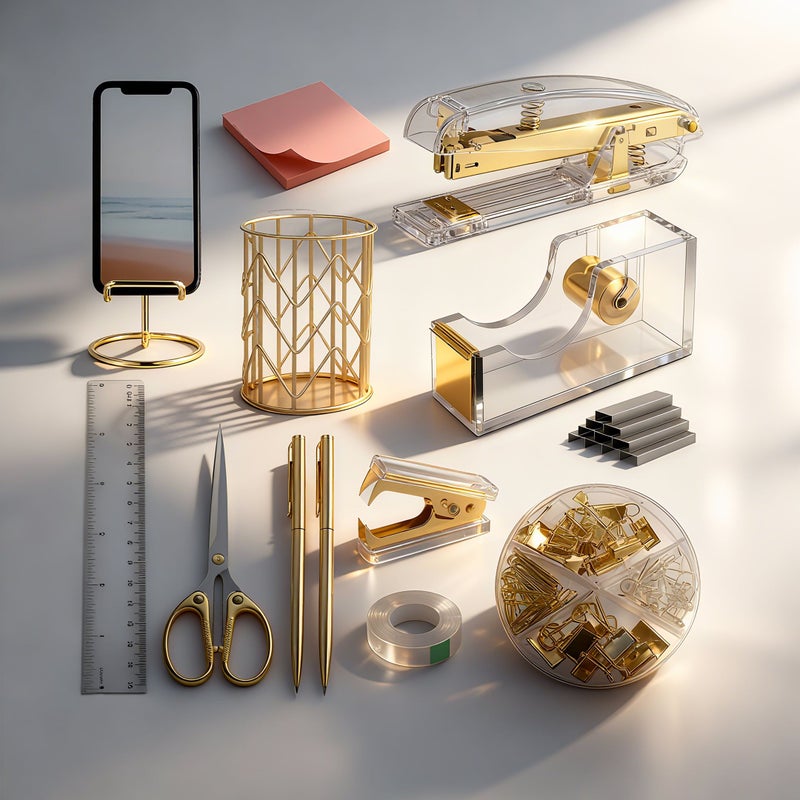 Rose Golden Acrylic Desk Set Including Stapler Scissors Tape Dispenser Pen Holder Pencil Ruler Glue Notes Sticky Pads Phone Stand Binder Clips Staples Remover - Image 4