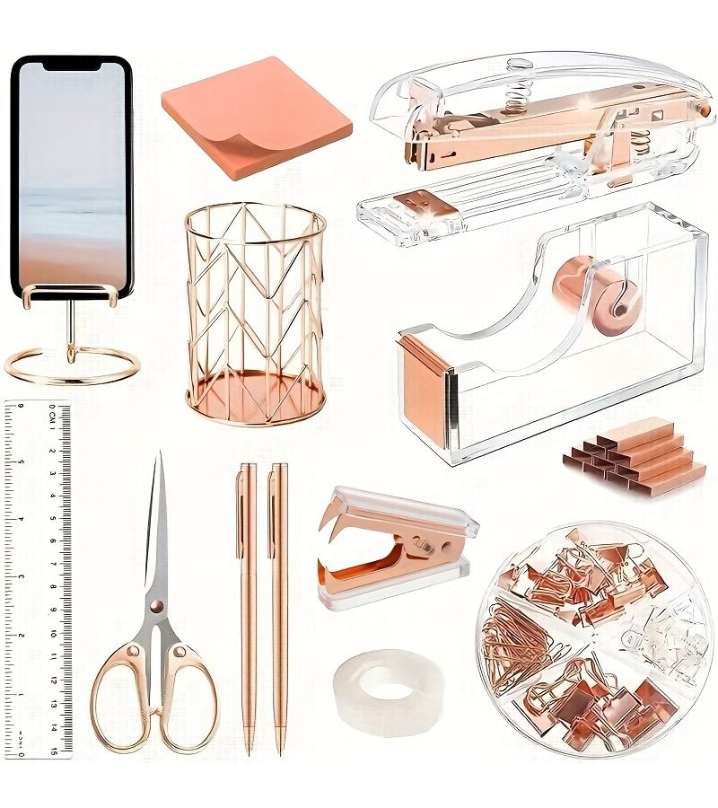 Rose Golden Acrylic Desk Set Including Stapler Scissors Tape Dispenser Pen Holder Pencil Ruler Glue Notes Sticky Pads Phone Stand Binder Clips Staples Remover - Image 1