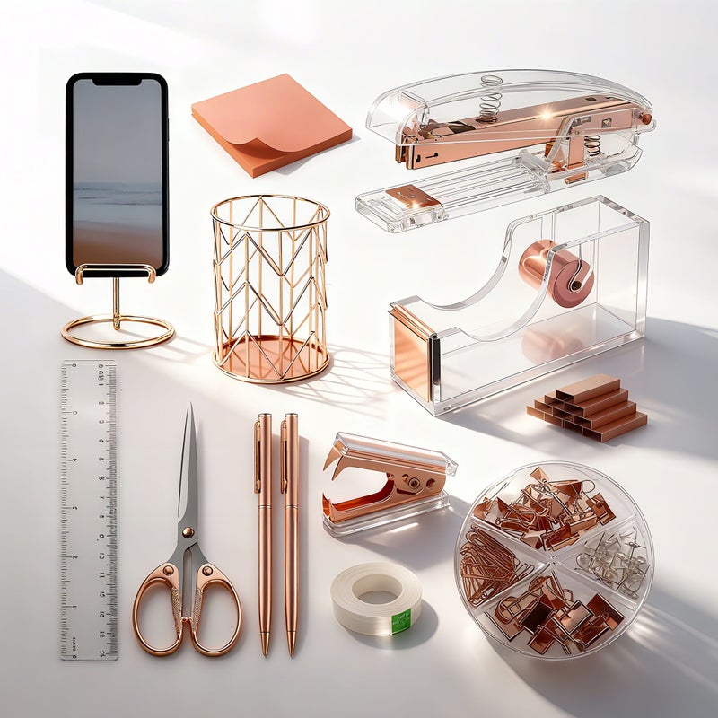 Rose Golden Acrylic Desk Set Including Stapler Scissors Tape Dispenser Pen Holder Pencil Ruler Glue Notes Sticky Pads Phone Stand Binder Clips Staples Remover - Image 2