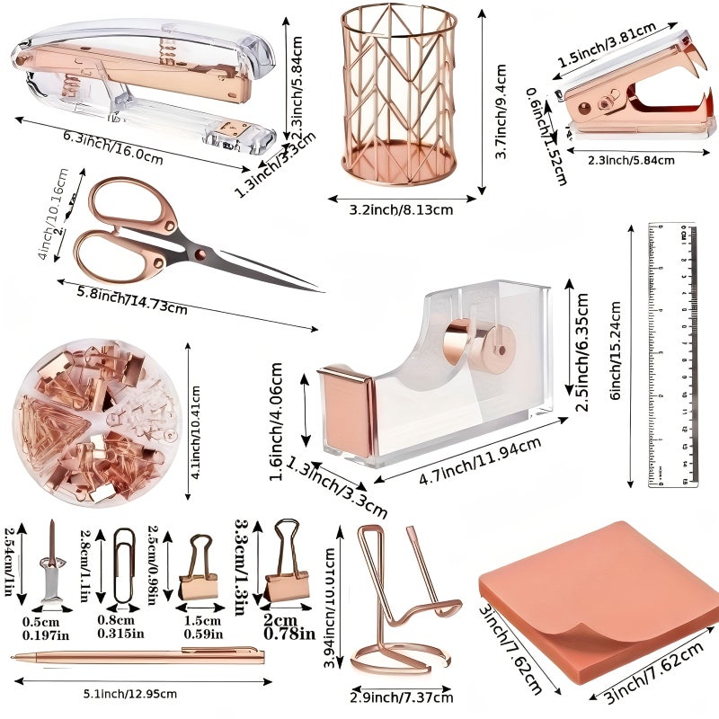 Rose Golden Acrylic Desk Set Including Stapler Scissors Tape Dispenser Pen Holder Pencil Ruler Glue Notes Sticky Pads Phone Stand Binder Clips Staples Remover - Image 3