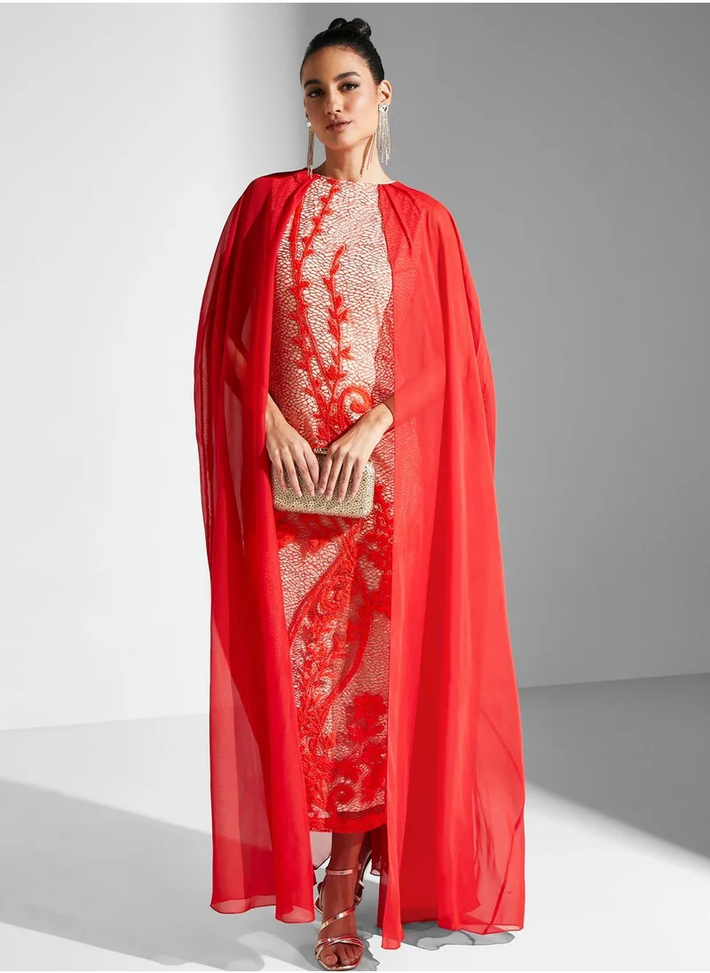 Golden Apple Cape Sleeve Lace Detail Dress