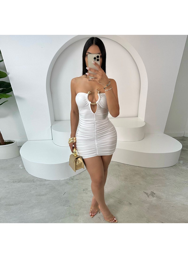 Generic - Nobelle Summer Snake Pattern Metal Decoration Tube Top Pleated Trendy Dress Street Style Short Skirt Sleeveless Polyester Blend White - Image 1