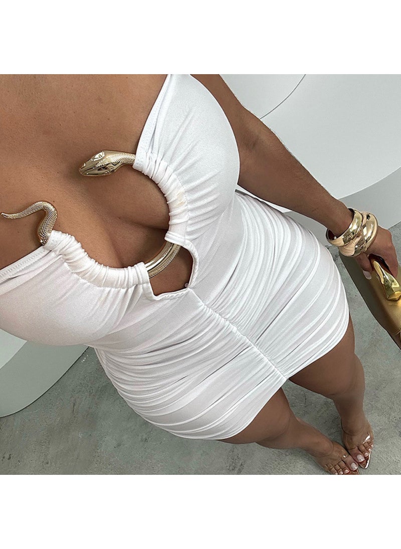 Generic - Nobelle Summer Snake Pattern Metal Decoration Tube Top Pleated Trendy Dress Street Style Short Skirt Sleeveless Polyester Blend White - Image 1