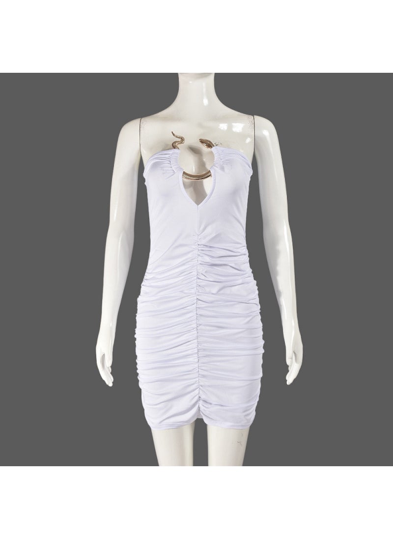 Generic - Nobelle Summer Snake Pattern Metal Decoration Tube Top Pleated Trendy Dress Street Style Short Skirt Sleeveless Polyester Blend White - Image 1