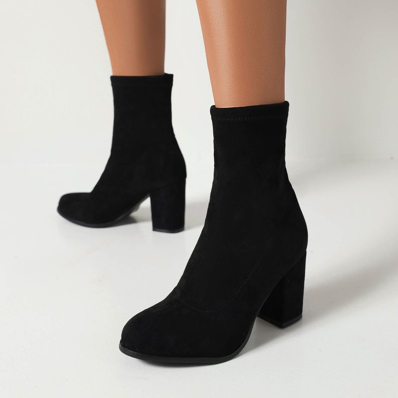 Dropshopping 2022 Autumn Fashion High Heel Stitching 32-45 Suede Round Head Low Boots For Women - Image 2