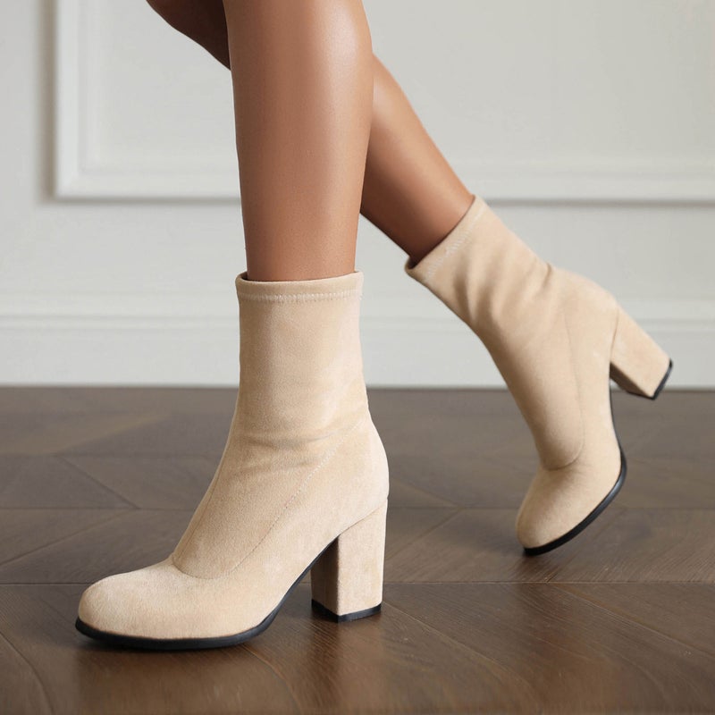 Dropshopping 2022 Autumn Fashion High Heel Stitching 32-45 Suede Round Head Low Boots For Women - Image 3