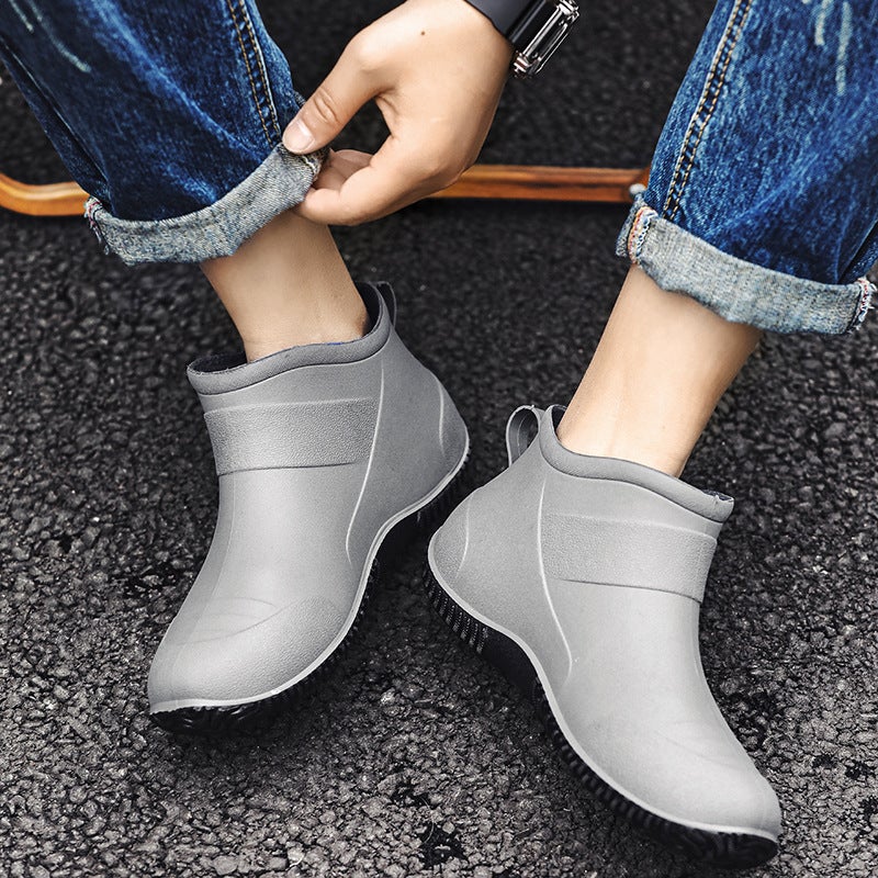 Cross-Border fashion short tube waterproof rain boots mens non-slip wear-resistant rain boots kitchen work Outdoor Fishing rubber shoes Grey