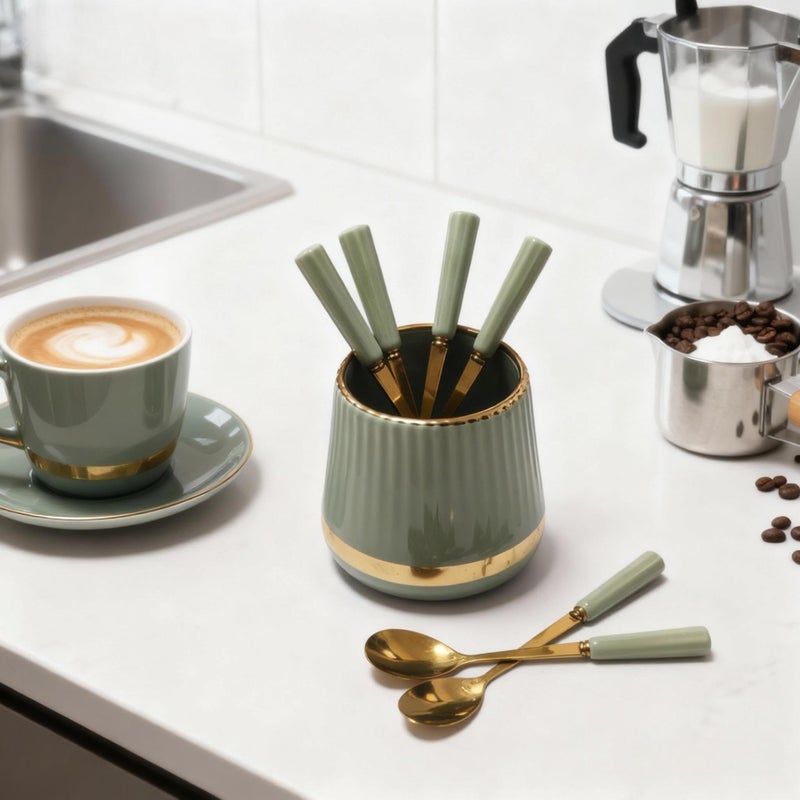 INPROPEXT 6PCS Coffee Spoons with Ceramic Jar Holder, Small Stainless Steel Gold Tea Spoons, Mini Dessert Spoons Set for Fruit, Stirring, Mixing, Sugar, Ice Cream, Cake (Light Green) - Image 3