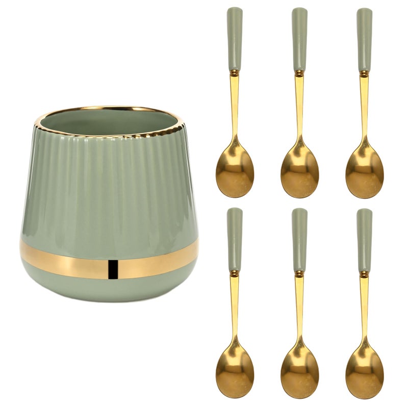 INPROPEXT 6PCS Coffee Spoons with Ceramic Jar Holder, Small Stainless Steel Gold Tea Spoons, Mini Dessert Spoons Set for Fruit, Stirring, Mixing, Sugar, Ice Cream, Cake (Light Green) - Image 1