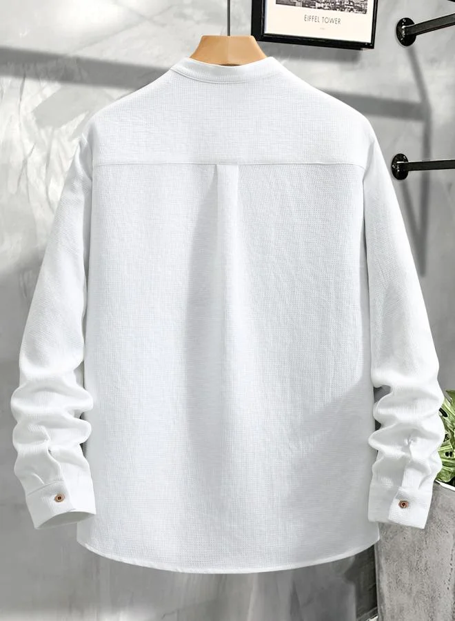 تايك تو Men White Mandarin Collar Long Sleeve Shirt