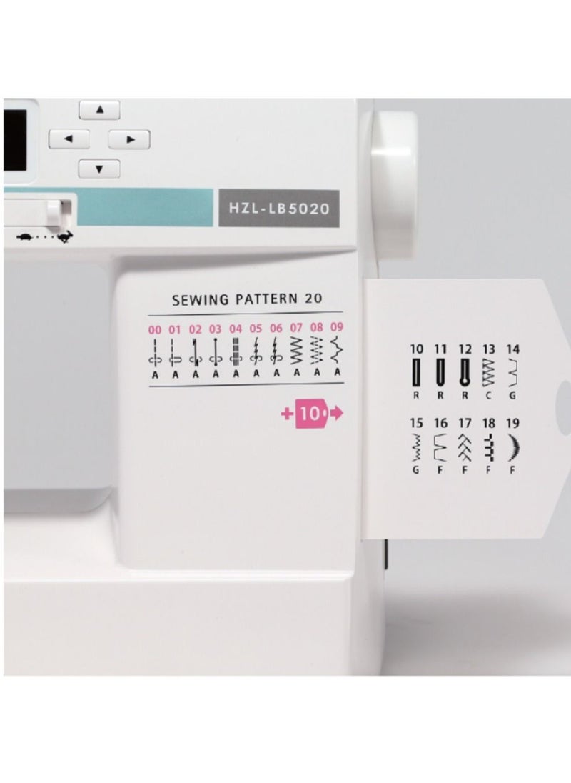 Juki - Sewing Machine Home Use JUKI Model HZL-LB5020 Works on all lightweight, medium, denim and leather fabrics - Programmed for 20 different built-in stitch designs - Image 1