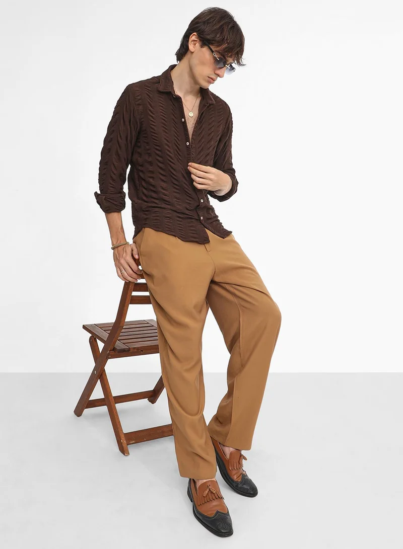 Campus Sutra Men's Chocolate Brown Chunky-Seersucker Shirt