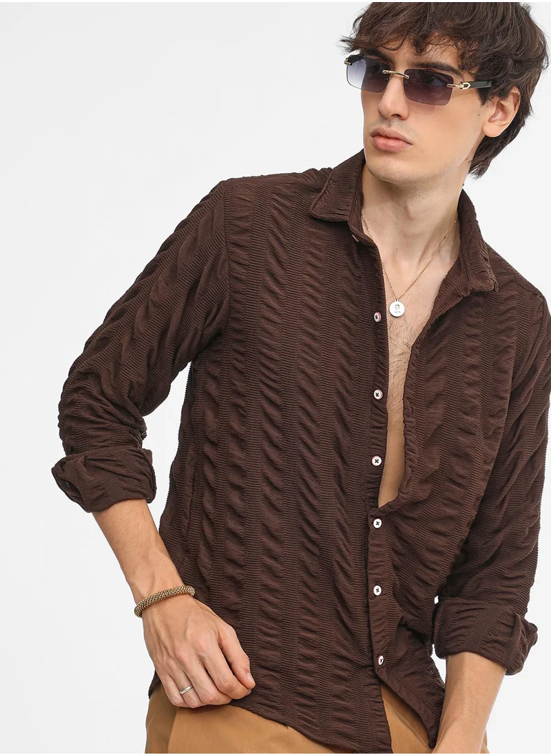 Campus Sutra Men's Chocolate Brown Chunky-Seersucker Shirt