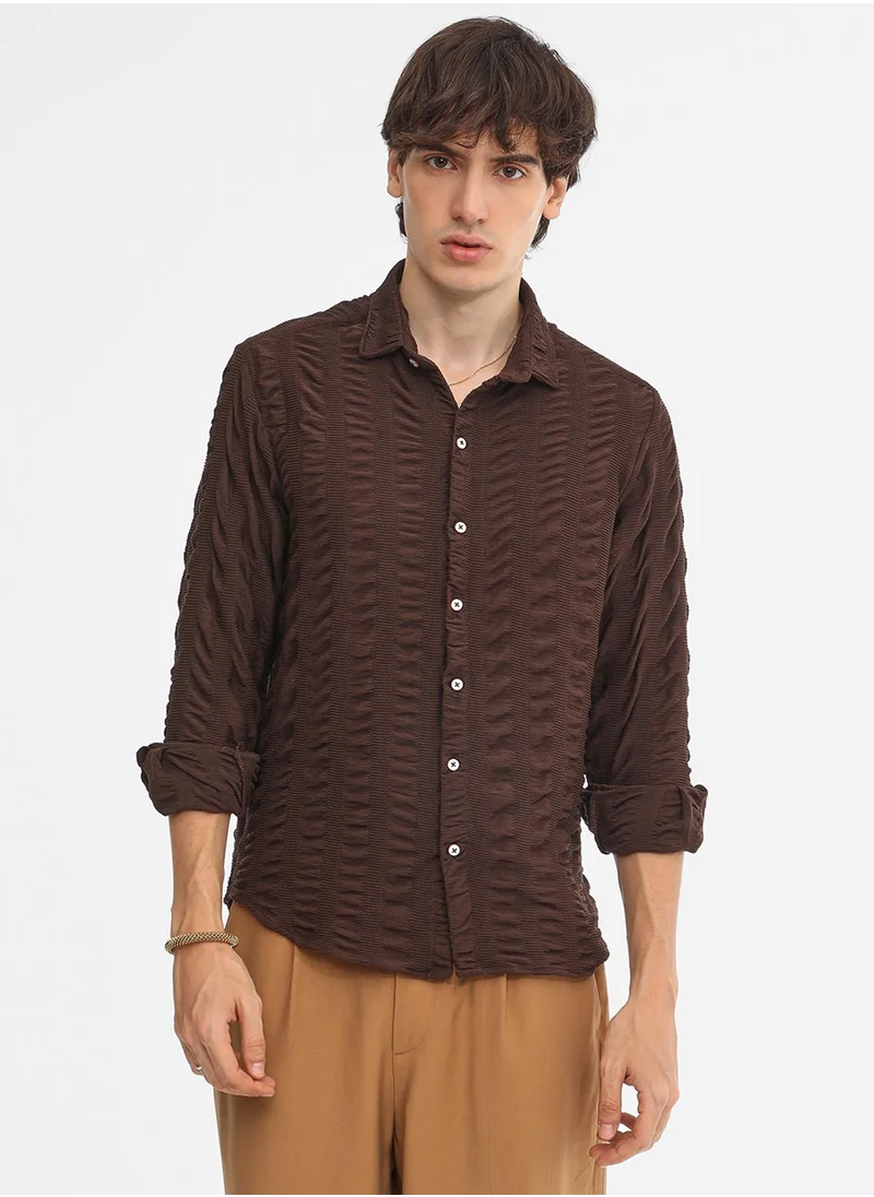 Campus Sutra Men's Chocolate Brown Chunky-Seersucker Shirt