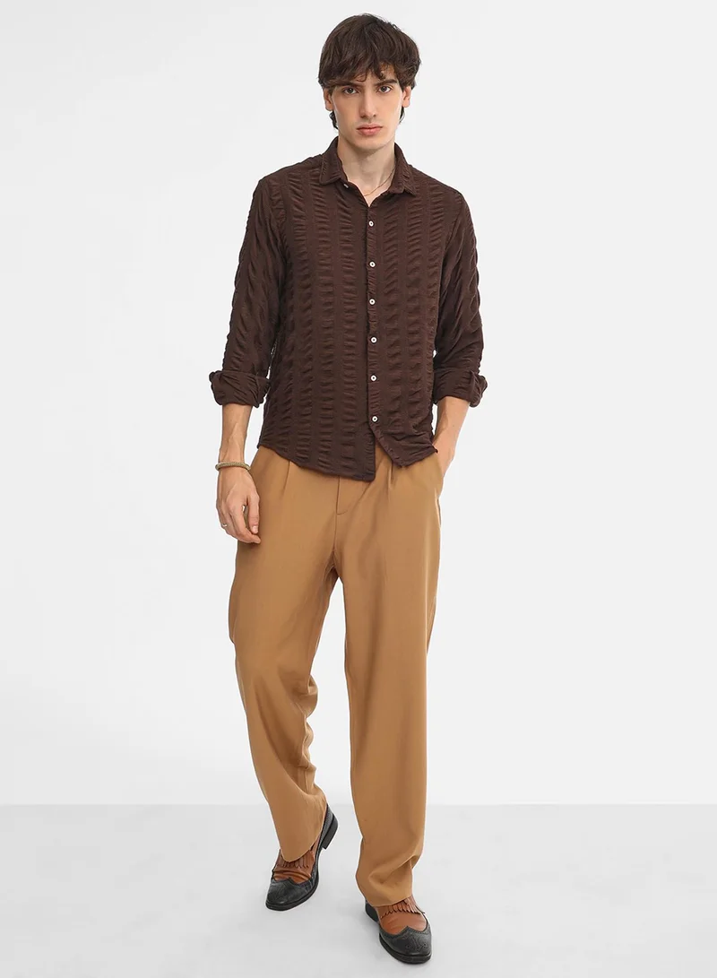 Campus Sutra Men's Chocolate Brown Chunky-Seersucker Shirt