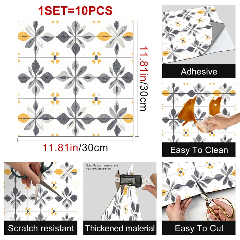 HOMETITUTE 10PCS 12x12 Inch Gray Yellow Floral Geometric Flat Surface Peel and Stick Floor Tiles Removable Self Adhesive Vinyl Flooring Stickers for Bathroom Kitchen Living Room Entryway Home Decor - Image 3