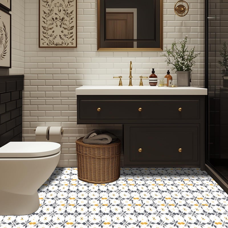 HOMETITUTE 10PCS 12x12 Inch Gray Yellow Floral Geometric Flat Surface Peel and Stick Floor Tiles Removable Self Adhesive Vinyl Flooring Stickers for Bathroom Kitchen Living Room Entryway Home Decor - Image 4