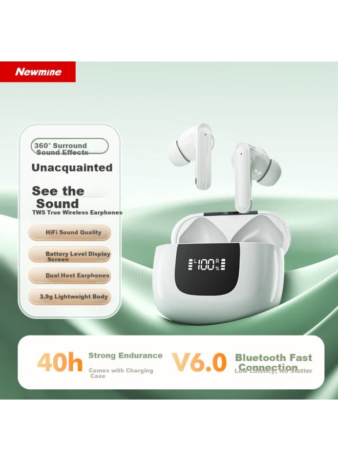 Newmine Ly69 Tws True Wireless Bluetooth Earphones, In-ear Headphones, Bluetooth Earbuds, Wireless Earphones, Compatible With Apple, Huawei, Xiaomi Phones And Other Smartphones With Battery Display, White - Image 1