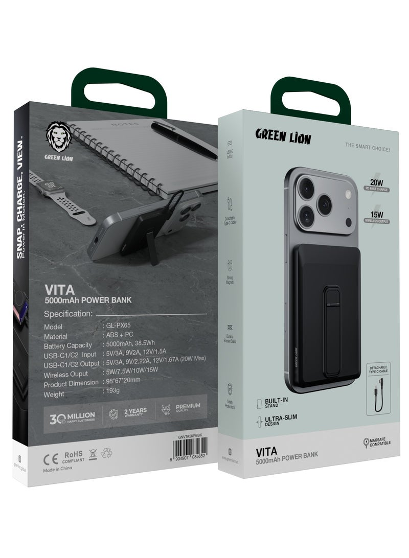 GREEN LION 5000mAh Vita PD 20W Power Bank, Portable PowerBank with MagSafe Compatibility, Ultra Slim Design & Built In Stand, Detachable Braided Type-C to Type-C Cable, Strong Magnets, Safety Protection, 15W Wireless Output, Mag Safe Power Bank Compatible with iPhone 14/15/16/17 Series - Black - Image 3