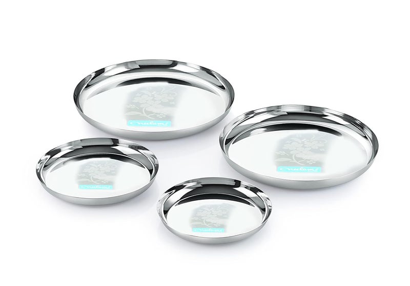 Neelam Neelam Stainless Steel 8 18 Gauge Lazer Etching JK Khumcha Thali 18 cm Set of 4 Perfect for Daily Use Special Occasions HighQuality Food Grade Material Stylish Look Ideal for Home - Image 1