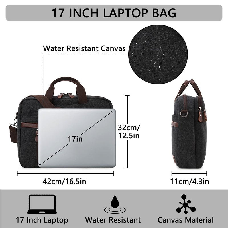 RAVUO Messenger Bag for Men, Water Resistant 17-17.3 Inch Laptop Bag Convertible Canvas Briefcase Shoulder Satchel for Work Business Black - Image 2