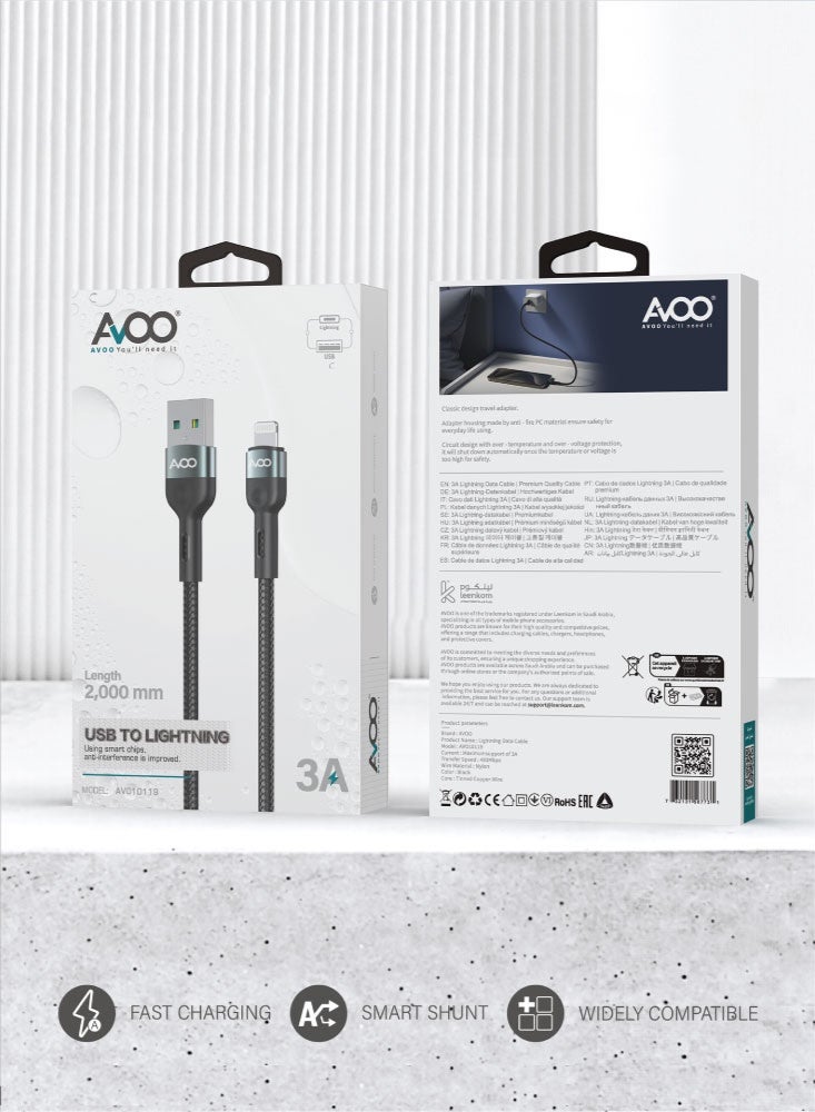 AVOO 2 Meter Fast Charging Cable – USB to Lightning 3A, Durable Braided High-Speed Data and Charging Cable for iPhone & iPad - Image 5