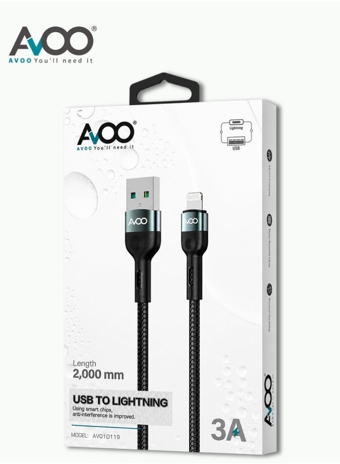 AVOO 2 Meter Fast Charging Cable – USB to Lightning 3A, Durable Braided High-Speed Data and Charging Cable for iPhone & iPad - Image 2