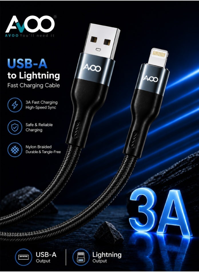 AVOO 2 Meter Fast Charging Cable – USB to Lightning 3A, Durable Braided High-Speed Data and Charging Cable for iPhone & iPad - Image 4