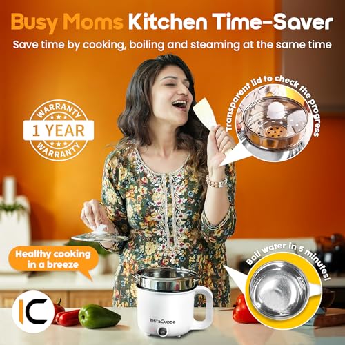 InstaCuppa 3-in-1 Multi Cook Kettle with Steamer, 1.2 L Inner Pot, Adjustable Temperature Settings, Wide Mouth, Ideal for Boiling Milk, Tea, Coffee, Eggs & Steaming Veggies, 600 Watts, Elegant White - Image 4