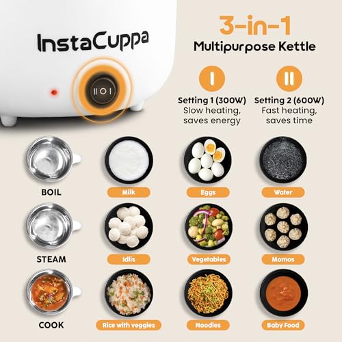 InstaCuppa 3-in-1 Multi Cook Kettle with Steamer, 1.2 L Inner Pot, Adjustable Temperature Settings, Wide Mouth, Ideal for Boiling Milk, Tea, Coffee, Eggs & Steaming Veggies, 600 Watts, Elegant White - Image 3