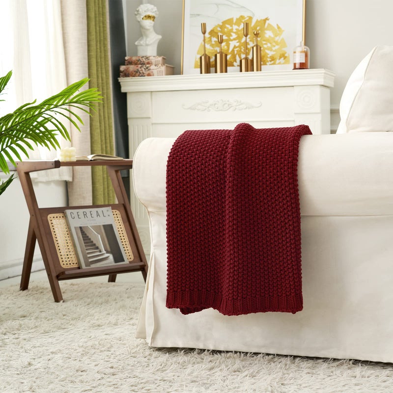 Longhui bedding Chunky Cable Knit Throw Blanket Lightweight Burgundy 100% Organic Cotton Blanket for Sofa Couch Bed Baby Nursery, Rustic Shabby Chic Modern Farmhouse, 51â€ x 63â€ Give Laundering Bag - Image 2