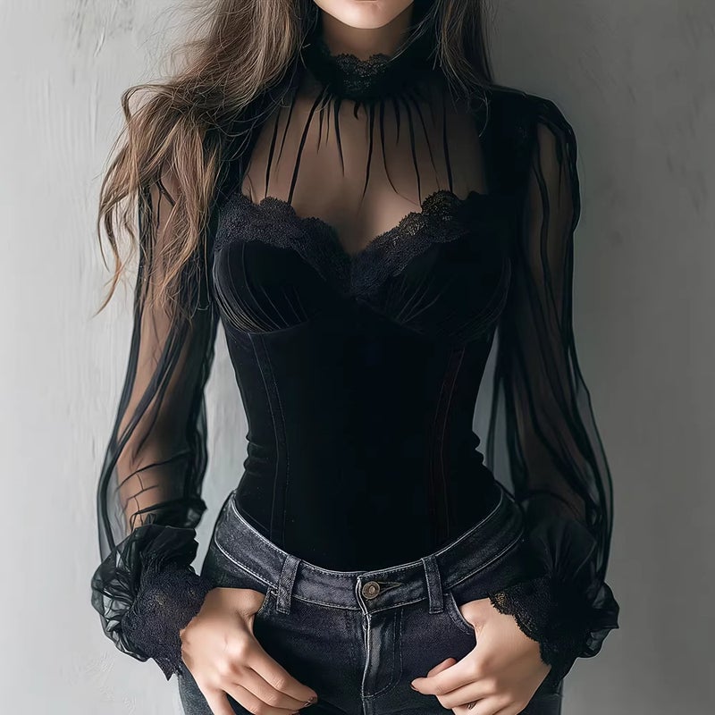بلوزة نسائية أنيقة مع شبكة متصلة وأكمام واسعة وربطة خصر - Image 1