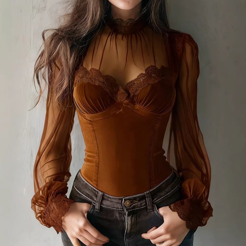 بلوزة نسائية أنيقة مع شبكة متصلة وأكمام واسعة وربطة خصر - Image 5