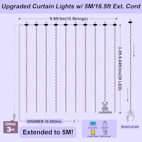 SINAMER Upgrade 300 LED Curtain Light, 9.8ft x 9.8ft Copper Wire String Lights, USB Powered Hanging Window Fairy Lights, 8 Lighting Modes, Remote Control for Home Christmas Wedding Party, White - Image 5