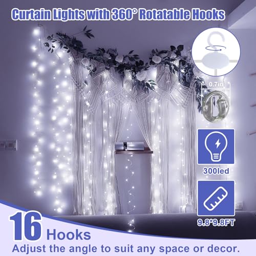SINAMER Upgrade 300 LED Curtain Light, 9.8ft x 9.8ft Copper Wire String Lights, USB Powered Hanging Window Fairy Lights, 8 Lighting Modes, Remote Control for Home Christmas Wedding Party, White - Image 2