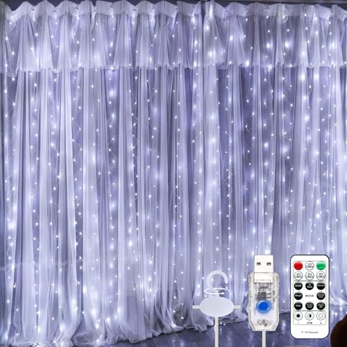 SINAMER Upgrade 300 LED Curtain Light, 9.8ft x 9.8ft Copper Wire String Lights, USB Powered Hanging Window Fairy Lights, 8 Lighting Modes, Remote Control for Home Christmas Wedding Party, White - Image 1