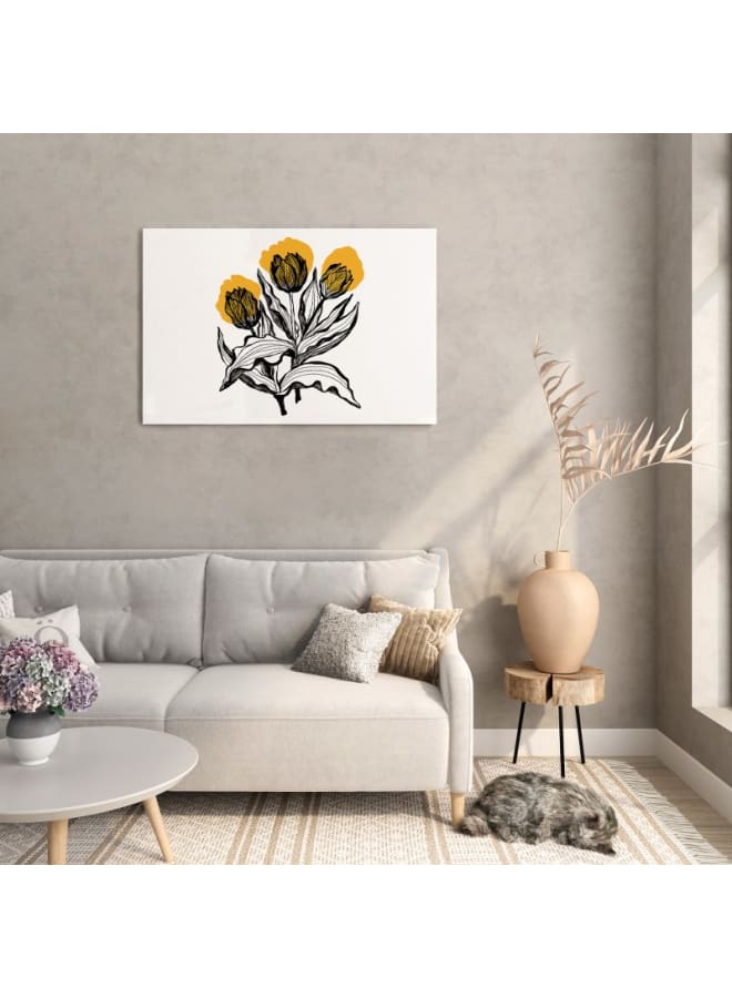 Home Gallery Detailed Illustration Three Flowers Black Yellow Printed canvas wall art 120x80 - Image 1