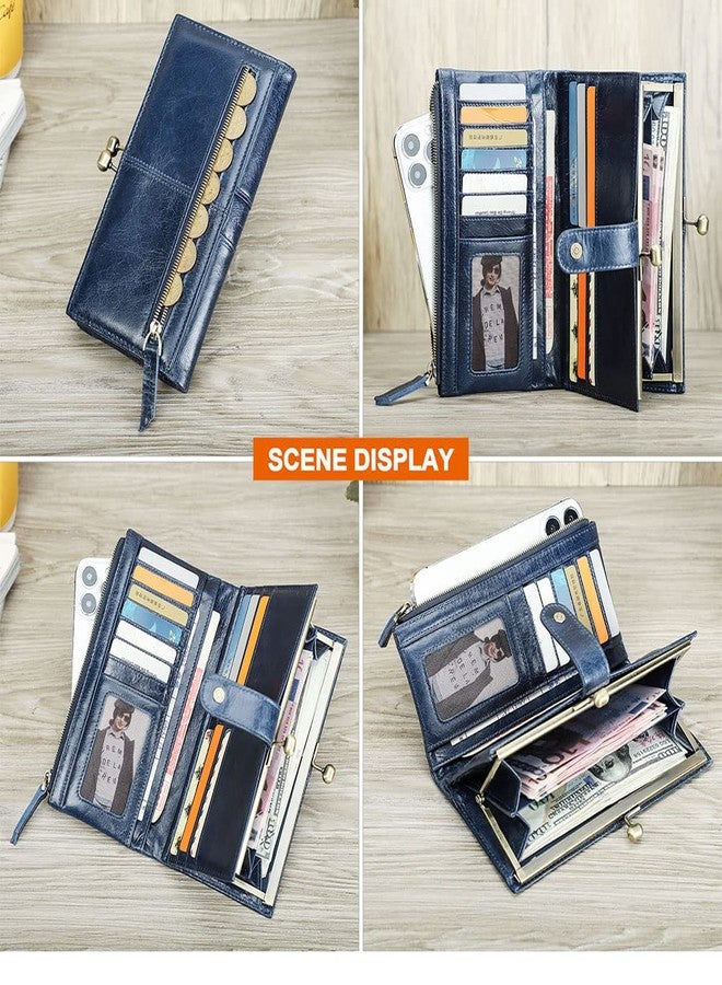 CONTACTS Kiss Lock Wallet for Women Leather Clutch Wallet Vintage Coin Purse RFID Wallet Bifold Blue Card Phone Holder - Image 5