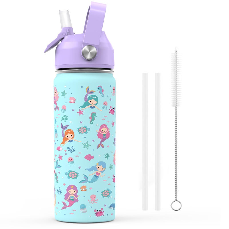 ACESAK 18oz Kids Insulated Water Bottle with Straw Lid 188 Stainless Steel Kid Cup BPAFREE Tumbler Double Wall Vacuum Leak Proof Portable Toddler Water Bottle for School Purple Mermaid