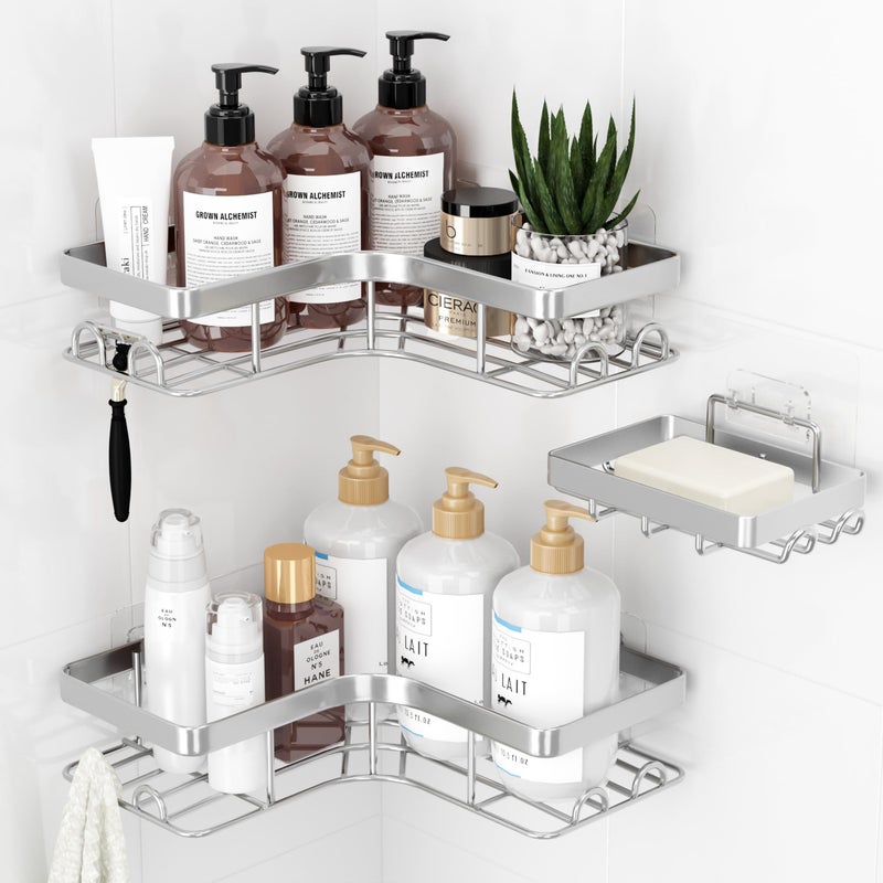 Sakugi Corner Shower Caddy - 3-Pack Shower Organizer with Soap Holder & Built-In Hooks, Rustproof Metal Shower Shelves, Laundry, Kitchen, Bathroom Organizers and Storage Solution, Large, Silver - Image 1