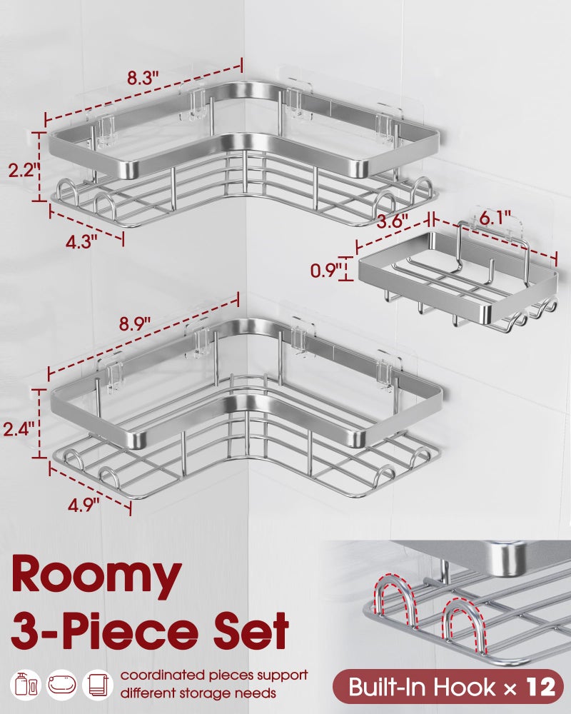 Sakugi Corner Shower Caddy - 3-Pack Shower Organizer with Soap Holder & Built-In Hooks, Rustproof Metal Shower Shelves, Laundry, Kitchen, Bathroom Organizers and Storage Solution, Large, Silver - Image 2