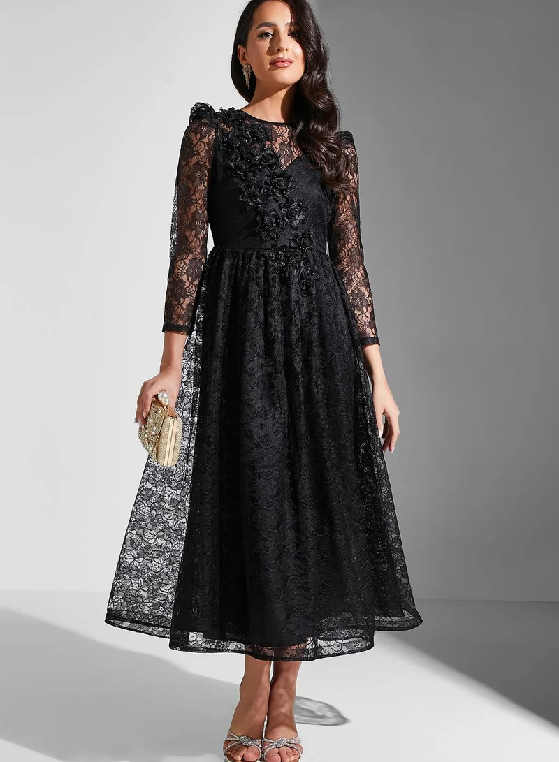 Golden Apple Puff Sleeve Mesh Tiered Dress