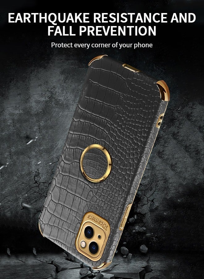 GROIC IPhone 14 Case 6.1 Inch Ring Holder Magnetic Luxury Crocodile Cover Gold Edge 360 Degree Rotation Stand Slim Leather Protective - Black - Image 5