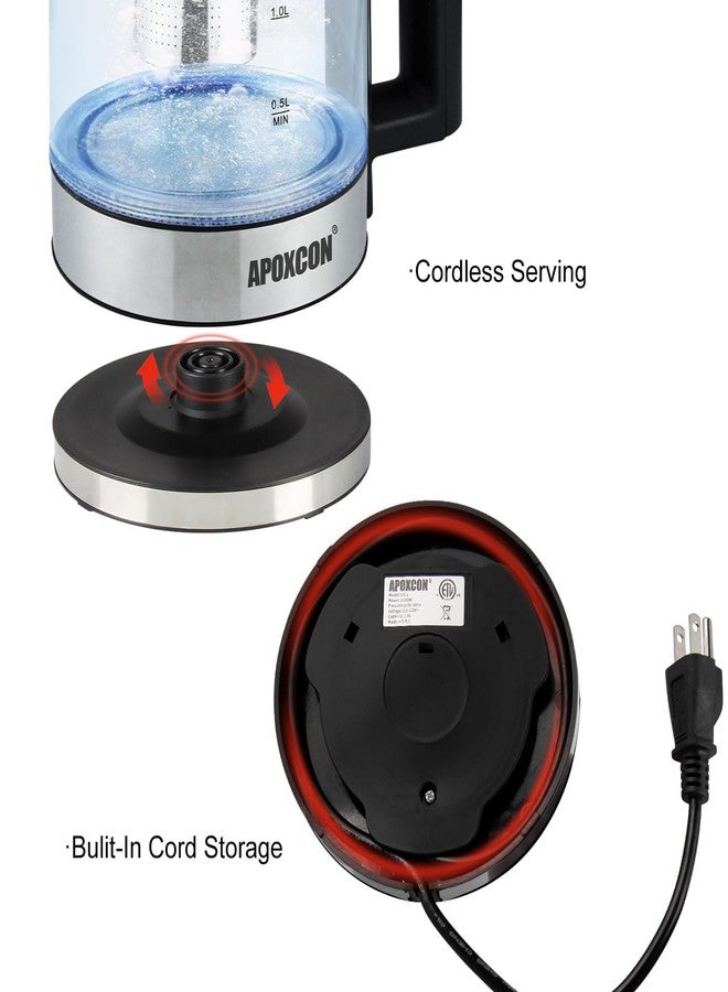 APOXCON Electric Kettle for Boiling Water 1.8L Tea Kettle with Removable Infuser, Borosilicate Glass Water Boiler with LED Light, Automatic Shut Off, Boil-Dry Protection, Cordless Serving & BPA Free - Image 5