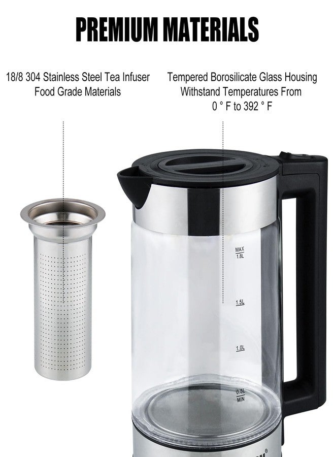 APOXCON Electric Kettle for Boiling Water 1.8L Tea Kettle with Removable Infuser, Borosilicate Glass Water Boiler with LED Light, Automatic Shut Off, Boil-Dry Protection, Cordless Serving & BPA Free - Image 2