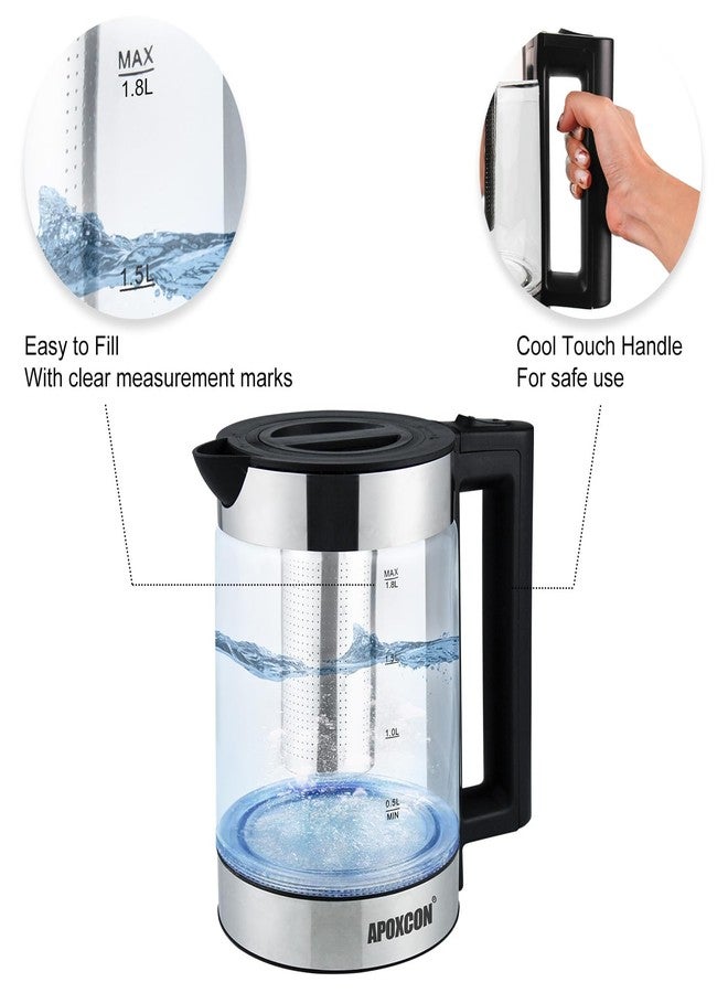 APOXCON Electric Kettle for Boiling Water 1.8L Tea Kettle with Removable Infuser, Borosilicate Glass Water Boiler with LED Light, Automatic Shut Off, Boil-Dry Protection, Cordless Serving & BPA Free - Image 3